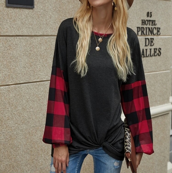 Plaid Sleeve Top M-XL - Picture 4 of 4